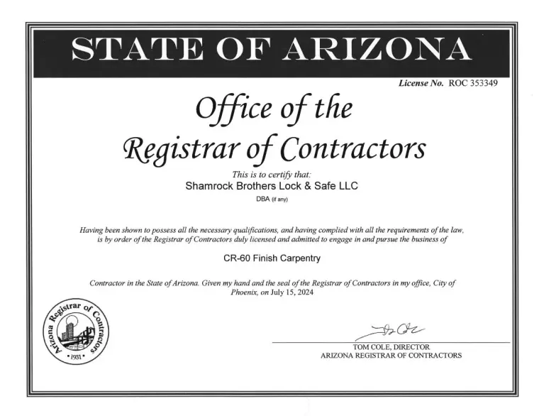 Arizona Registrar of Contractors license ROC 353349 issued to Shamrock Brothers Lock & Safe LLC